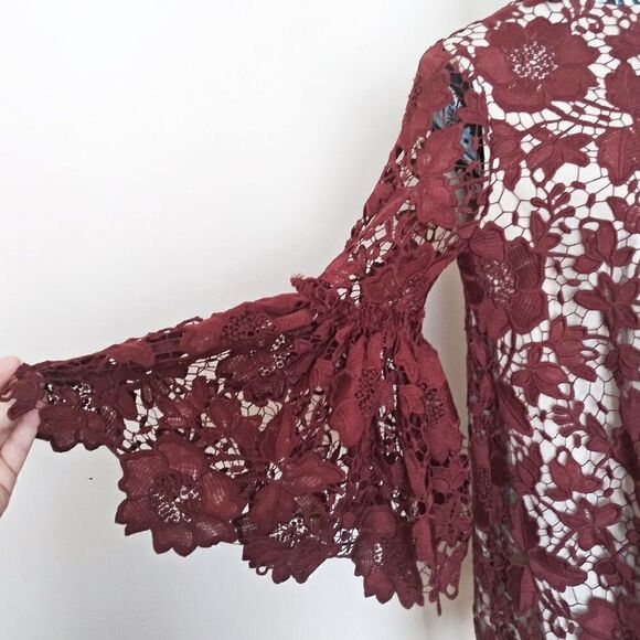 KOROVILAS Phillipa Lace Gothic Shift Dress Bell-Sleeve Whimsigoth Burgundy Sz 2 - Picture 4 of 11